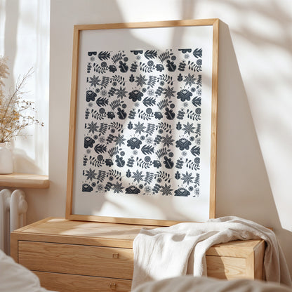 Nordic pattern floral and leaves, nature-inspired navy Scandinavian art print