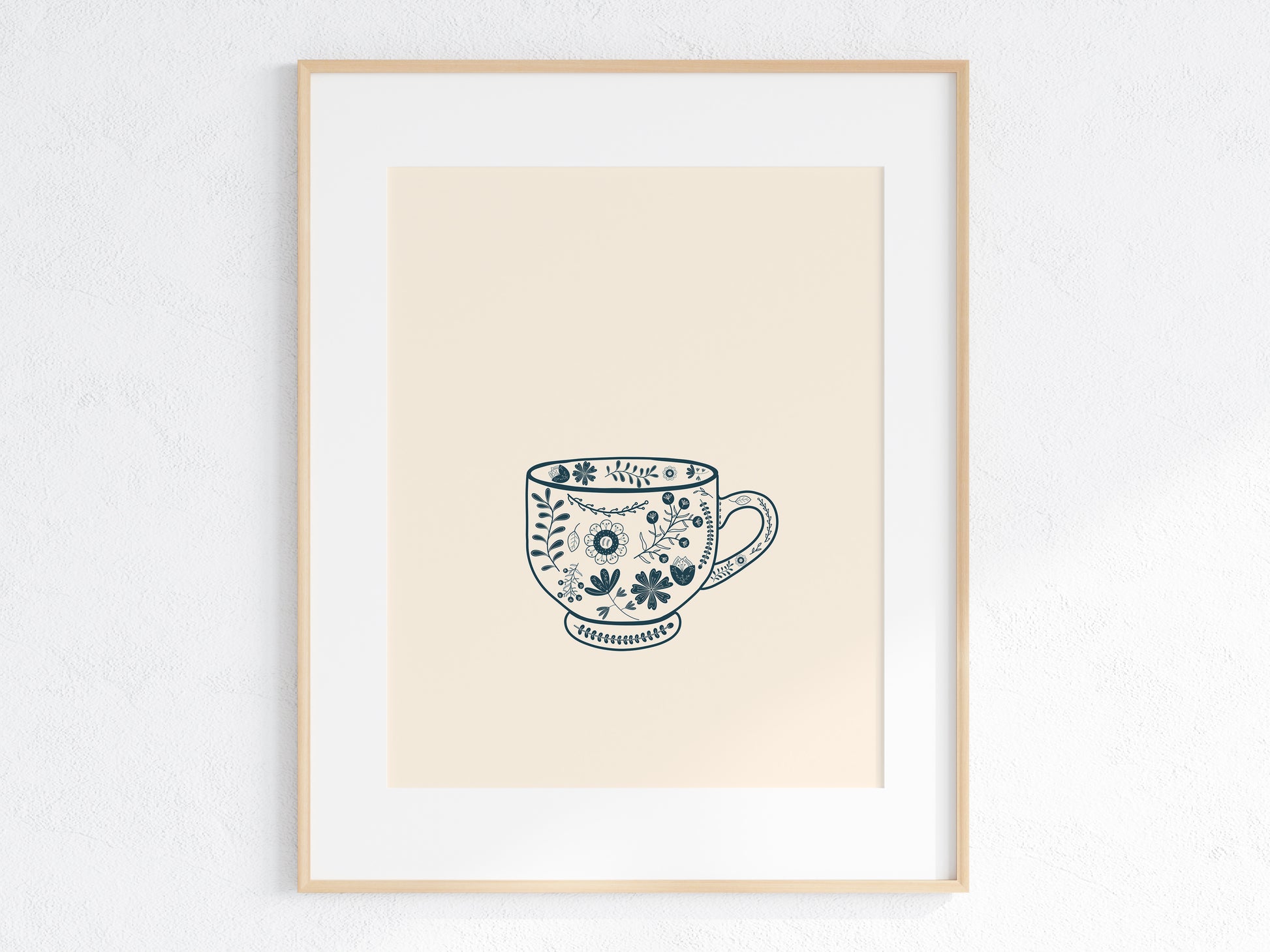 teacup silhouette with Scandinavian folk art pattern and motif. Kitchen wall art, living art print home decor