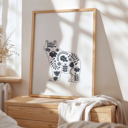 Digital painting of bear outline with Scandinavian/Nordic Flora and Fauna/ plants and nature/ wall art and art print