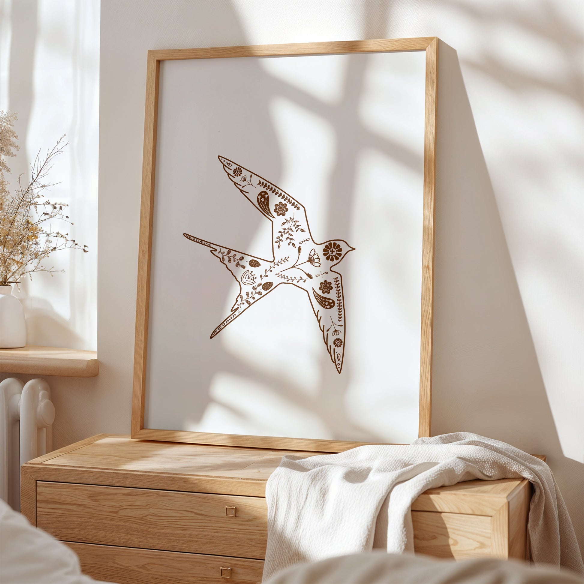 Digital paining Scandinavian designed bird outline with nature-inspired patterns and drawings