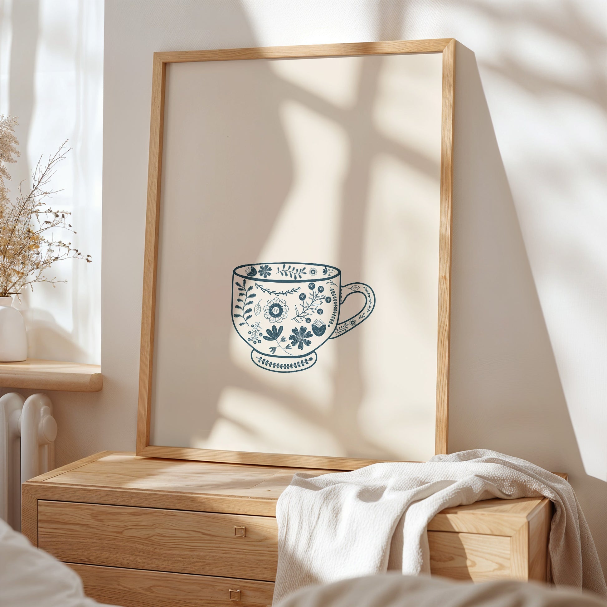 Teacup mockup on frame. Scandinavian pattern on teacup silhouette