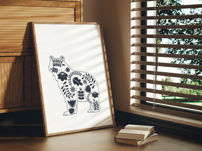 Bear Silhouette with Scandinavian floral motifs, nature-inspired wall art for living room, nursery, or home. Beautiful, intricate designs of folk art heritage