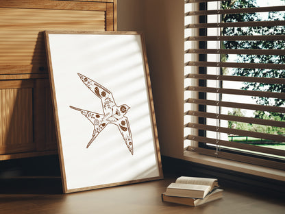 Bird in flight silhouette with intricate Scandinavian folk art-inspired floral and botanical motifs and patterns. Art prints, original artwork