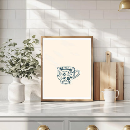 Teacup silhouette with Scandinavian print motifs art print. Modern Scandinavian design